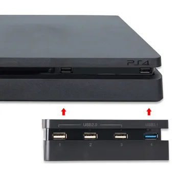 Super High Speed 4-i-1 USB-HUB Port+1 USB-3.1-Port+3 USB 2.0-porte Til Sony PlayStation 4 slank PS4-Konsol, Controller Black