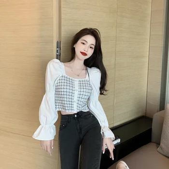 Nomikuma koreanske Plaid Patchwork Kvinder Bluser Puff langærmet Slim Høj Taljen Kort Skjorte 2020 Nye Blusas Femme Toppe 6B466