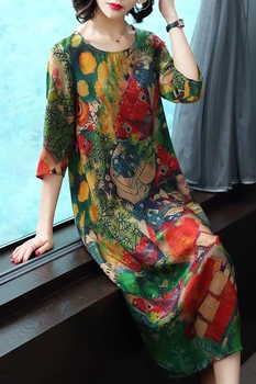 Kvinder 2020 Ny Sommeren Afslappet Blomster Plus Size Midi-Silke Kjole Kvinders Elegante Kjoler Vestito Donna KJ1060