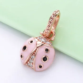 Oprindelige Steg Guld Heldig Mariehøne Pink Halskæde Vedhæng Passer 925 Sterling Sølv Perle Armbånd Armbånd Diy Smykker