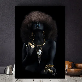 Abstract Guld Sexy Girl Sort Afrikansk Kvinde Olie Maleri på Lærred Plakater og Prints Cuadros Væg Kunst Billeder Til stuen