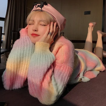 Japansk Kawaii Lolita Rainbow Sweater Kvinder Sød Koreanske Smarte Fuld Ærmer Strikket Sweater Kvindelige Søde Piger At Strikke En Sweater Frakke 202