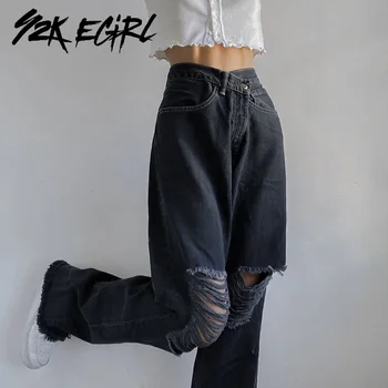 Y2K EGIRL Indie Æstetik Høj Talje Rippet Sort Jeans Vintage Hul Bred Ben Baggy Bukser 90'erne Mode Lige Denim Bukser