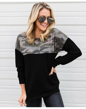 Nye Efteråret Pullovere Streetwear Mode Print Camouflage syning Tops Tees Kvinder med Lange Ærmer Løs Casual T-shirts, Sport Toppe
